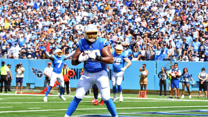 Sep 17, 2023; Nashville, Tennessee, USA; Los Angeles Chargers offensive tackle Trey Pipkins III (79) catches a pass for a two point conversion during the first half against the Tennessee Titans at Nissan Stadium. Mandatory Credit: Christopher Hanewinckel-USA TODAY Sports