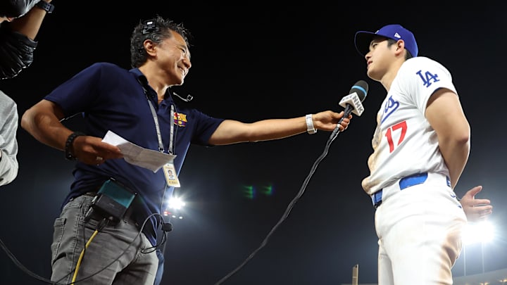 Sep 11, 2024; Los Angeles, California, USA;  Los Angeles Dodgers designated hitter Shohei Ohtani (17) talks at post game interview after defeating the Chicago Cubs 10-8 at Dodger Stadium.