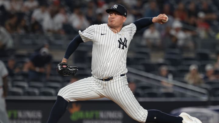 Jun 6, 2024; Bronx, New York, USA; New York Yankees relief pitcher Victor Gonzalez (47) delivers a pitch during the sixth inning against the Minnesota Twins at Yankee Stadium. Mandatory Credit: Vincent Carchietta-USA TODAY Sports