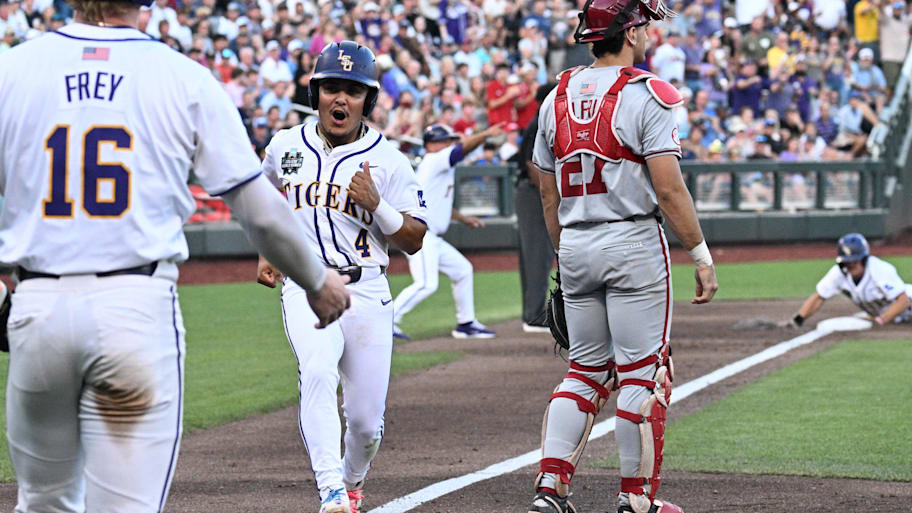 LSU Tigers shortstop Steven Milam scores against the Arkansas Razorbacks. | Steven Branscombe-Imagn Images
