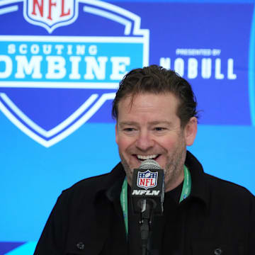 Feb 27, 2024; Indianapolis, IN, USA; Seattle Seahawks general manager John Schneider speaks at a press conference at the NFL Scouting Combine at Indiana Convention Center.