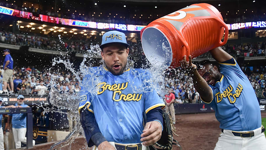 Brewers center fielder Blake Perkins threw out the runner at home for the final out Friday | Benny Sieu-Imagn Images