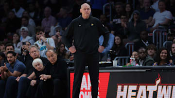 Feb 28, 2025; Miami, Florida, USA; Indiana Pacers head coach Rick Carlisle watches from the sideline against the Miami Heat during the second quarter at Kaseya Center. Mandatory Credit: Sam Navarro-Imagn Images