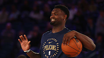 Pelicans forward Zion Williamson at an open training session. 