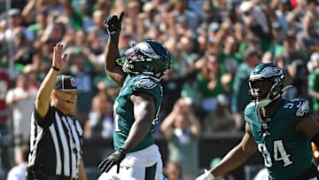 Oct 1, 2023; Philadelphia, Pennsylvania, USA; Philadelphia Eagles linebacker Nicholas Morrow (41) celebrates his sack against the Washington Commanders during the second quarter at Lincoln Financial Field. Mandatory Credit: Eric Hartline-Imagn Images
