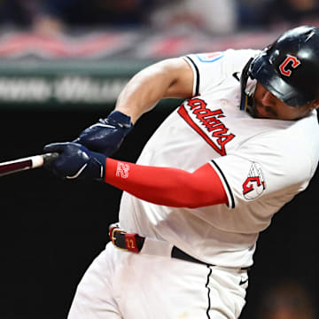 Cleveland Guardians designated hitter Josh Naylor (22) hits a double during the seventh inning against the Pittsburgh Pirates at Progressive Field on Aug 31.