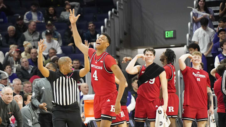 Jan 29, 2025; Evanston, Illinois, USA; Rutgers Scarlet Knights guard Ace Bailey (4) celebrates a three point basket against the Northwestern Wildcats during the second half at Welsh-Ryan Arena. Mandatory Credit: David Banks-Imagn Images