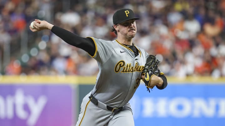 Jul 29, 2024; Houston, Texas, USA; Pittsburgh Pirates starting pitcher Paul Skenes (30) delivers a pitch during the second inning against the Houston Astros at Minute Maid Park. Mandatory Credit: Troy Taormina-USA TODAY Sports