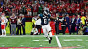 Feb 9, 2025; New Orleans, LA, USA; Philadelphia Eagles safety C.J. Gardner-Johnson (8) celebrates after a defensive stop against the Kansas City Chiefs during the second half of Super Bowl LIX at Caesars Superdome. Mandatory Credit: Geoff Burke-Imagn Images