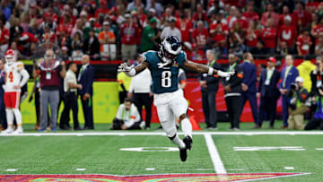 Feb 9, 2025; New Orleans, LA, USA; Philadelphia Eagles safety C.J. Gardner-Johnson (8) celebrates after a defensive stop against the Kansas City Chiefs during the second half of Super Bowl LIX at Caesars Superdome. Mandatory Credit: Geoff Burke-Imagn Images