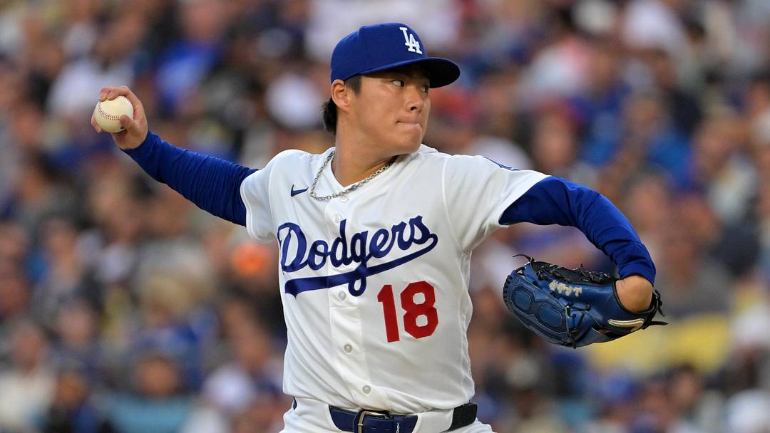 May 12, 2026; Los Angeles, California, USA; Los Angeles Dodgers starting pitcher Yoshinobu Yamamoto (18) throws a pitch against the San Francisco Giants during the first inning at Dodger Stadium. Mandatory Credit: Jayne Kamin-Oncea-Imagn Images