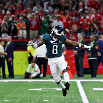 Feb 9, 2025; New Orleans, LA, USA; Philadelphia Eagles safety C.J. Gardner-Johnson (8) celebrates after a defensive stop against the Kansas City Chiefs during the second half of Super Bowl LIX at Caesars Superdome. Mandatory Credit: Geoff Burke-Imagn Images