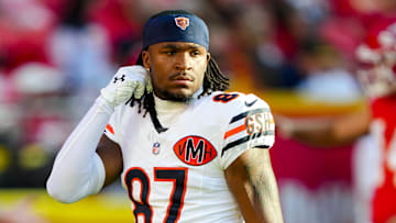 Aug 22, 2025; Kansas City, Missouri, USA; Chicago Bears wide receiver Luther Burden III (87) takes the field prior to a game against the Kansas City Chiefs at GEHA Field at Arrowhead Stadium. Mandatory Credit: Jay Biggerstaff-Imagn Images