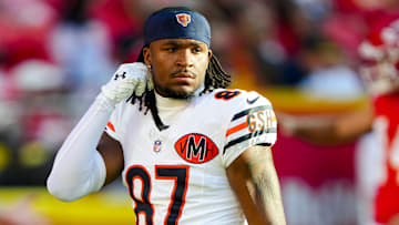 Aug 22, 2025; Kansas City, Missouri, USA; Chicago Bears wide receiver Luther Burden III (87) takes the field prior to a game against the Kansas City Chiefs at GEHA Field at Arrowhead Stadium. Mandatory Credit: Jay Biggerstaff-Imagn Images