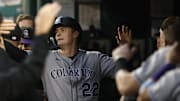Jun 16, 2025; Washington, District of Columbia, USA; Colorado Rockies outfielder Mickey Moniak (22) celebrates with teammates in the dugout after scoring a run on an RBI single by Rockies first baseman Michael Toglia (not pictured) against the Washington Nationals during the fifth inning at Nationals Park. 