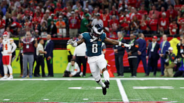 Feb 9, 2025; New Orleans, LA, USA; Philadelphia Eagles safety C.J. Gardner-Johnson (8) celebrates after a defensive stop against the Kansas City Chiefs during the second half of Super Bowl LIX at Caesars Superdome. Mandatory Credit: Geoff Burke-Imagn Images