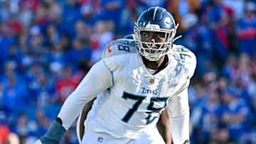 Oct 20, 2024; Orchard Park, New York, USA; Tennessee Titans offensive tackle Nicholas Petit-Frere (78) in pass protection against the Buffalo Bills in the fourth quarter at Highmark Stadium. Mandatory Credit: Mark Konezny-Imagn Images