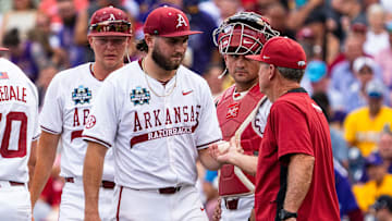 Arkansas Razorbacks starting pitcher Zach Root (33) is substituted out during the second inning against the LSU Tigers at Charles Schwab Field.