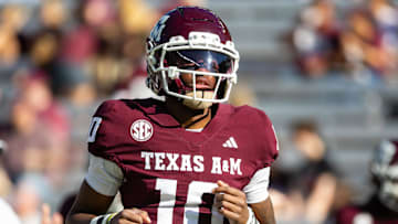 Nov 22, 2025; College Station, Texas, USA; Texas A&M Aggies quarterback Marcel Reed (10) before a game against the Samford Bulldogs at Kyle Field. Mandatory Credit: Joseph Buvid-Imagn Images