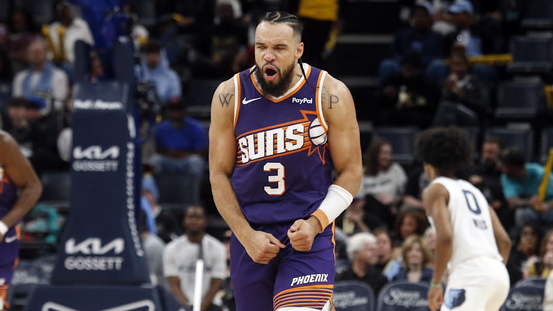 Jan 7, 2026; Memphis, Tennessee, USA; Phoenix Suns forward Dillon Brooks (3) reacts during the third quarter against the Memphis Grizzlies at FedExForum. Mandatory Credit: Petre Thomas-Imagn Images