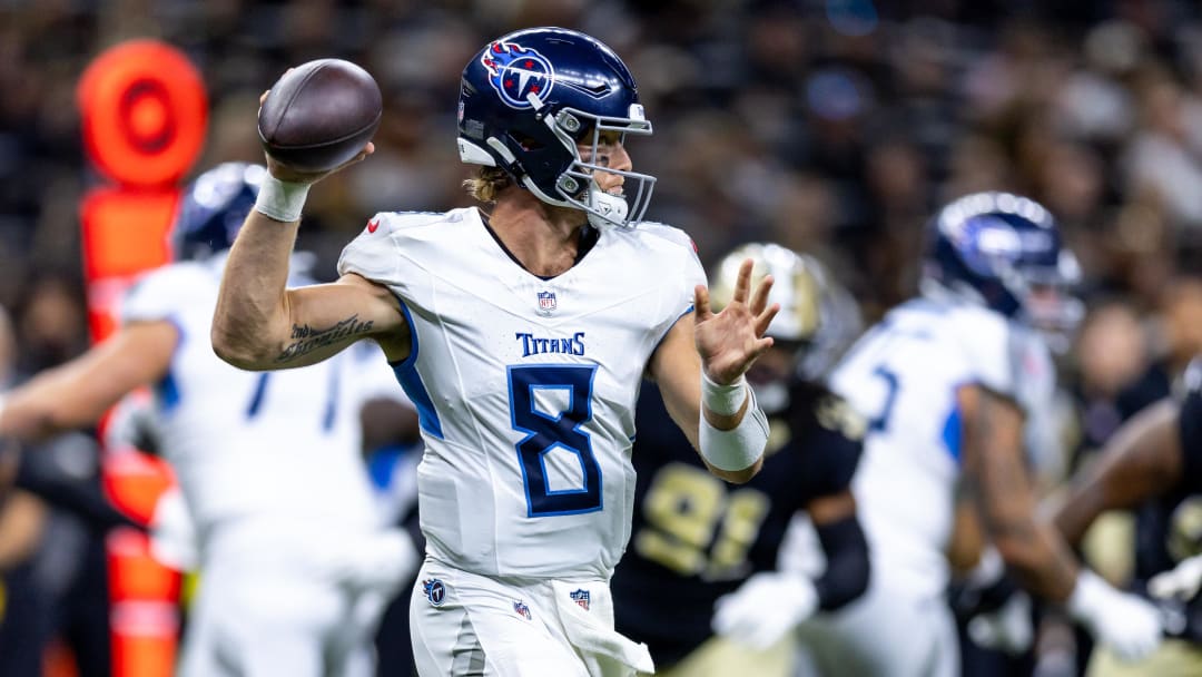 Aug 25, 2024; New Orleans, Louisiana, USA; Tennessee Titans quarterback Will Levis (8) passes against the New Orleans Saints during the first half at Caesars Superdome