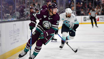 Apr 5, 2024; Anaheim, California, USA; Anaheim Ducks defenseman William Lagesson (37) moves the puck against the Seattle Kraken during the third period at Honda Center. Mandatory Credit: Gary A. Vasquez-Imagn Images