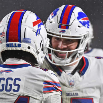 Nov 26, 2023; Philadelphia, Pennsylvania, USA; Buffalo Bills wide receiver Stefon Diggs (14) celebrates his touchdown with quarterback Josh Allen (17) against the Philadelphia Eagles during the second quarter at Lincoln Financial Field. Mandatory Credit: Eric Hartline-USA TODAY Sports