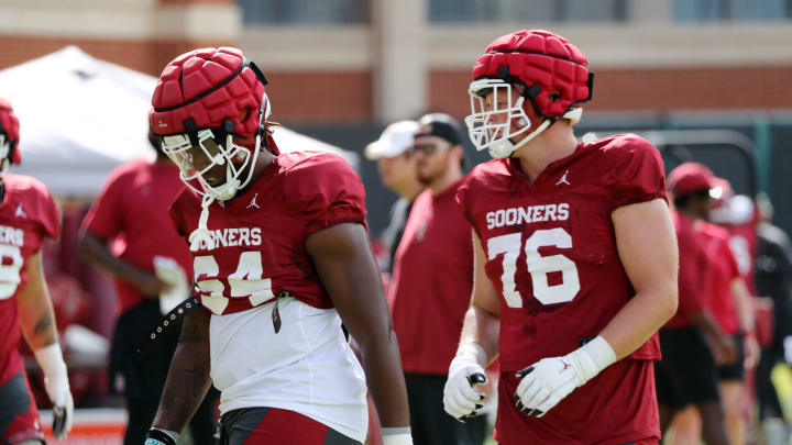 Oklahoma OL Febechi Nwaiwu and Jacob Sexton