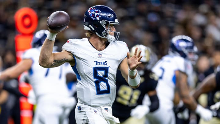 Aug 25, 2024; New Orleans, Louisiana, USA; Tennessee Titans quarterback Will Levis (8) passes against the New Orleans Saints during the first half at Caesars Superdome