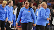 Mar 7, 2025; Greenville, SC, USA;  Ole Miss Rebels head coach Yolett McPhee-McCuin reacts to a play  during the first half against the Texas Longhorns at Bon Secours Wellness Arena. Mandatory Credit: Jim Dedmon-Imagn Images