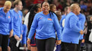 Mar 7, 2025; Greenville, SC, USA;  Ole Miss Rebels head coach Yolett McPhee-McCuin reacts to a play  during the first half against the Texas Longhorns at Bon Secours Wellness Arena. Mandatory Credit: Jim Dedmon-Imagn Images