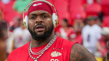 Sep 5, 2024; Kansas City, Missouri, USA; Kansas City Chiefs defensive tackle Mike Pennel Jr. (69) warms up against the Baltimore Ravens prior to a game at GEHA Field at Arrowhead Stadium. Mandatory Credit: Denny Medley-Imagn Images