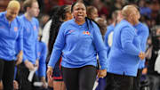 Mar 7, 2025; Greenville, SC, USA;  Ole Miss Rebels head coach Yolett McPhee-McCuin reacts to a play  during the first half against the Texas Longhorns at Bon Secours Wellness Arena. Mandatory Credit: Jim Dedmon-Imagn Images