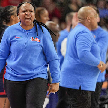 Mar 7, 2025; Greenville, SC, USA;  Ole Miss Rebels head coach Yolett McPhee-McCuin reacts to a play  during the first half against the Texas Longhorns at Bon Secours Wellness Arena. Mandatory Credit: Jim Dedmon-Imagn Images