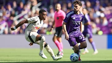 Apr 12, 2025; Orlando, Florida, USA; Orlando City midfielder Joran Gerbet (35) controls the ball against the New York Red Bulls in the first half at Inter&Co Stadium. Mandatory Credit: Nathan Ray Seebeck-Imagn Images