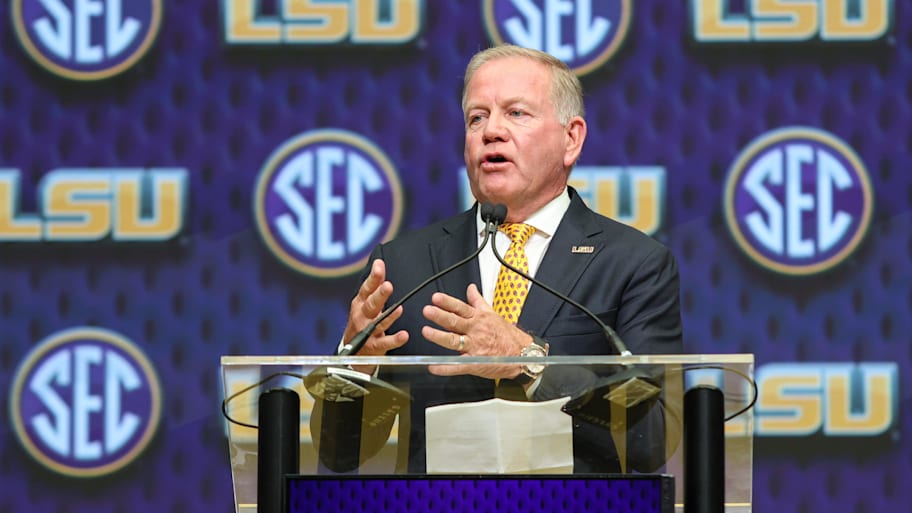 LSU Tigers head coach Brian Kelly talks to the media during SEC Media Day.