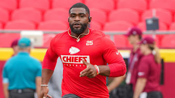 Aug 22, 2024; Kansas City, Missouri, USA; Kansas City Chiefs running back Clyde Edwards-Helaire (25) warms up against the Chicago Bears prior to a game at GEHA Field at Arrowhead Stadium. Mandatory Credit: Denny Medley-Imagn Images