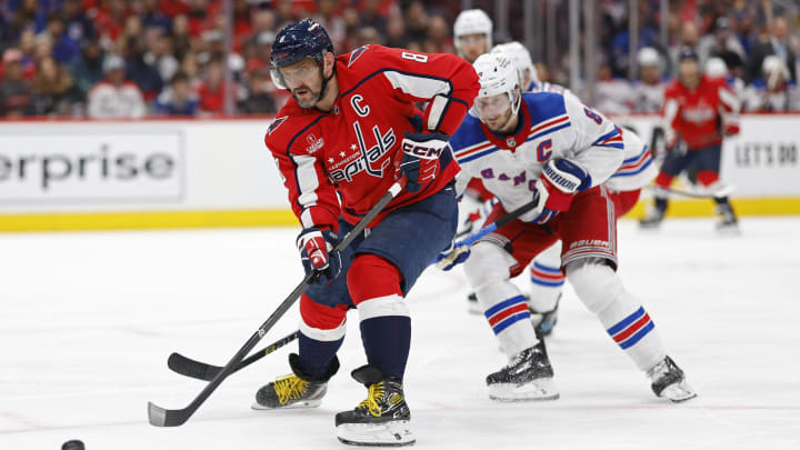 Washington Capitals left wing Alex Ovechkin (8) shoots the puck.