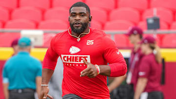 Aug 22, 2024; Kansas City, Missouri, USA; Kansas City Chiefs running back Clyde Edwards-Helaire (25) warms up against the Chicago Bears prior to a game at GEHA Field at Arrowhead Stadium. Mandatory Credit: Denny Medley-Imagn Images