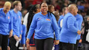 Mar 7, 2025; Greenville, SC, USA;  Ole Miss Rebels head coach Yolett McPhee-McCuin reacts to a play  during the first half against the Texas Longhorns at Bon Secours Wellness Arena. Mandatory Credit: Jim Dedmon-Imagn Images