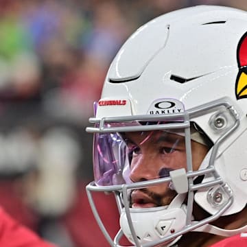 Jan 7, 2024; Glendale, Arizona, USA; Arizona Cardinals quarterback Kyler Murray (1) looks on prior to the game against the Seattle Seahawks at State Farm Stadium. Mandatory Credit: Matt Kartozian-Imagn Images