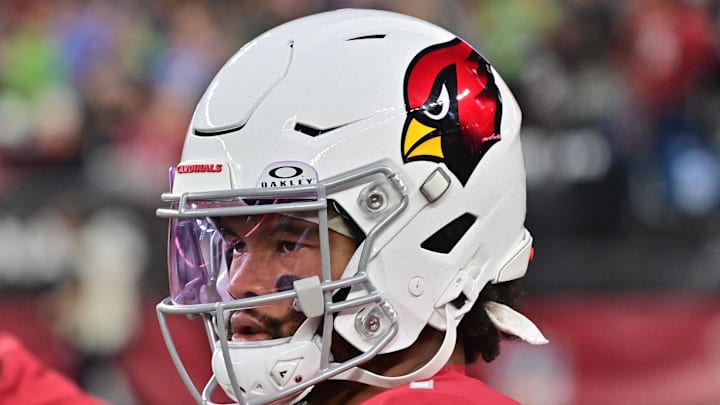 Jan 7, 2024; Glendale, Arizona, USA; Arizona Cardinals quarterback Kyler Murray (1) looks on prior to the game against the Seattle Seahawks at State Farm Stadium. Mandatory Credit: Matt Kartozian-Imagn Images