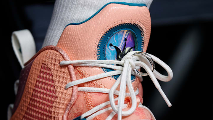 Nikola Jokic’s wedding ring tied onto his shoe back in 2022. Nikola Jokic’s wedding ring tied onto his shoe back in 2022.