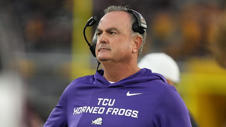 Sep 26, 2025; Tempe, Arizona, USA; TCU Horned Frogs head coach Sonny Dykes looks on against Arizona State Sun Devils in the first half at Mountain America Stadium, Home of the ASU Sun Devils.