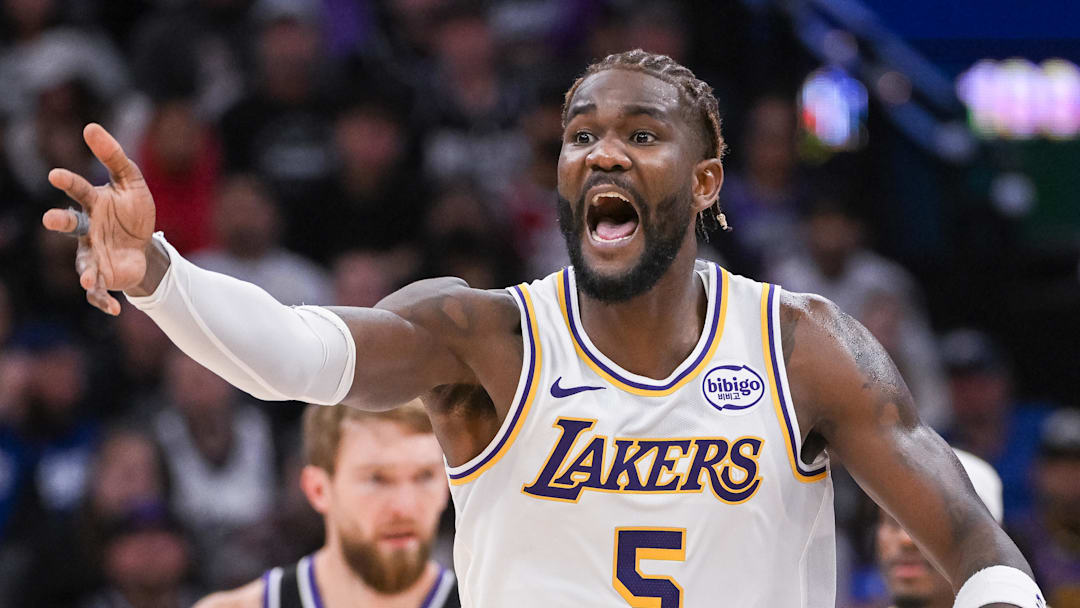 Oct 26, 2025; Sacramento, California, USA; Los Angeles Lakers center Deandre Ayton (5) reacts to a call during the fourth quarter of the game against the Sacramento Kings at Golden 1 Center. Mandatory Credit: Ed Szczepanski-Imagn Images