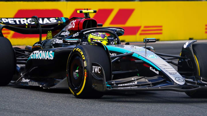 May 3, 2024; Miami Gardens, Florida, USA; Mercedes driver Lewis Hamilton (44) races out of turn 17 during F1 Sprint Qualifying at Miami International Autodrome. Mandatory Credit: John David Mercer-USA TODAY Sports