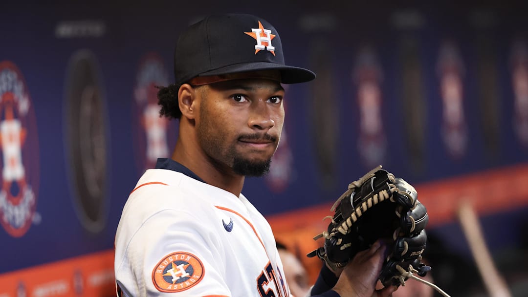 Mar 28, 2026; Houston, Texas, USA; Houston Astros left fielder Brice Matthews (0) stands in the dugout before playing against the Los Angeles Angels in the first inning at Daikin Park. Mandatory Credit: Thomas Shea-Imagn Images