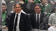 May 3, 2025; Dallas, Texas, USA; Colorado Avalanche head coach Jared Bednar during the game between the Dallas Stars and the Colorado Avalanche in game seven of the first round of the 2025 Stanley Cup Playoffs at American Airlines Center. Mandatory Credit: Jerome Miron-Imagn Images