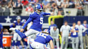 Sep 14, 2025; Arlington, Texas, USA; New York Giants place kicker Graham Gano (9) attempts a field goal against the Dallas Cowboys during the third quarter at AT&T Stadium.