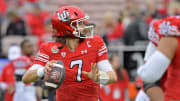 Jan 2, 2023; Pasadena, California, USA; Utah Utes quarterback Cameron Rising (7) warms up before the game between the Utah Utes and the Penn State Nittany Lions at Rose Bowl. Mandatory Credit: Jayne Kamin-Oncea-USA TODAY Sports